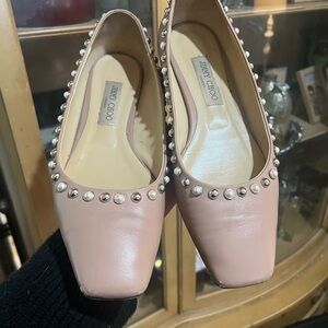 Jimmy Choo Pink Leather Studded Square-Toe Ballet Flats